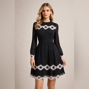 Ted Baker AVIANAH Black Lace Trim Long Sleeve Fit & Flare Dress Size 2
